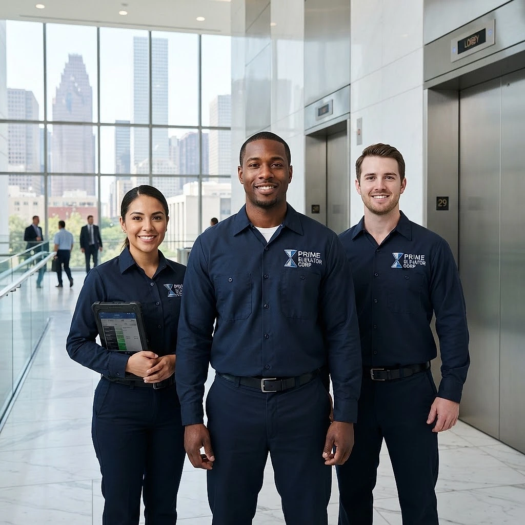 Prime Elevator crew in uniform at a lobby elevator bank