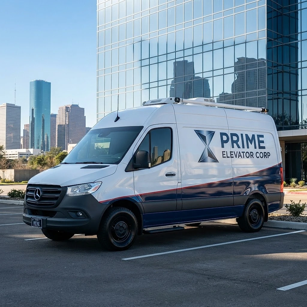 Wrapped Prime Elevator service van outside a Houston office tower