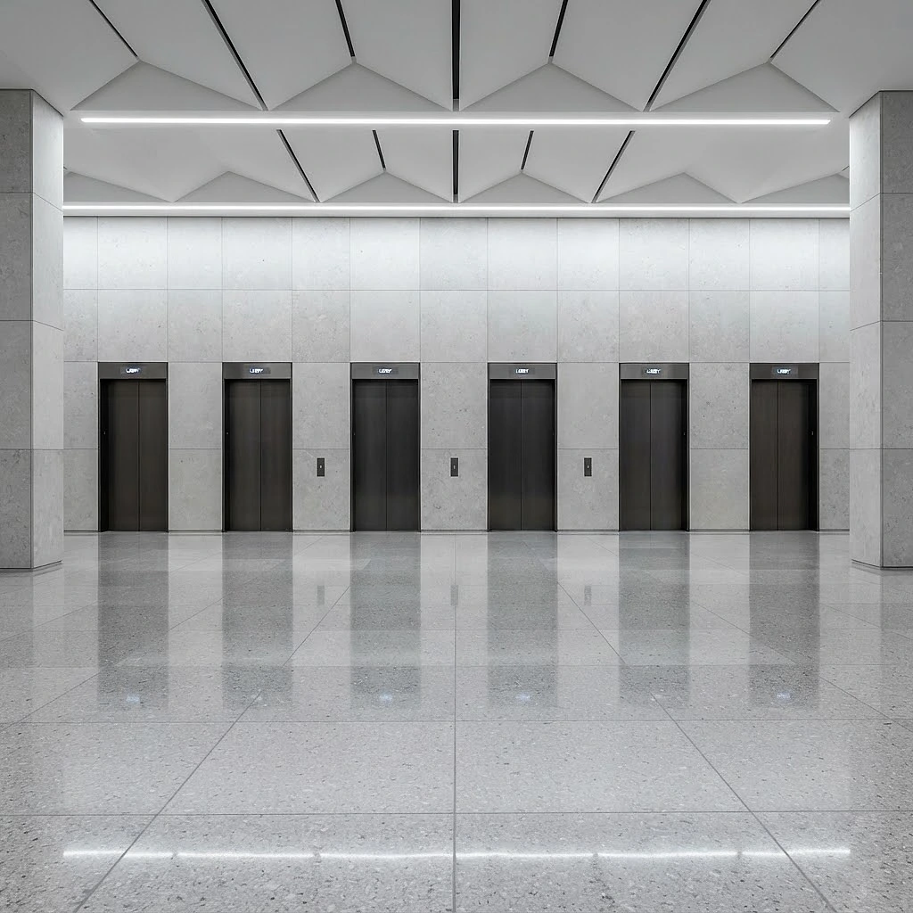 New elevator bank in a high-rise lobby
