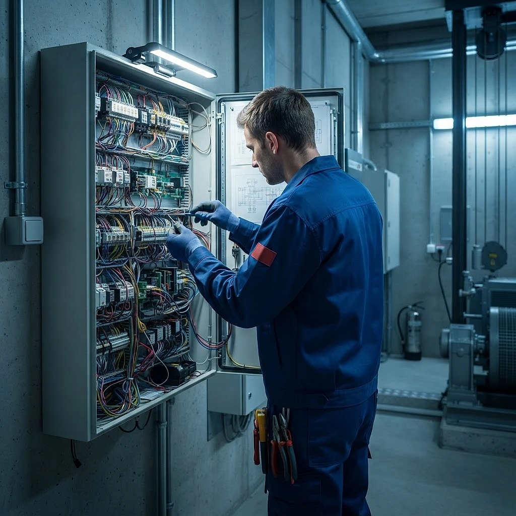 Technician at an open elevator controller